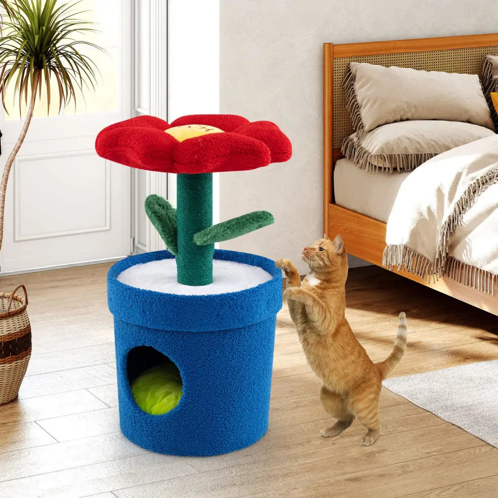 Cute Cat Tree with Flower Padded Perch for Indoor Cats-Red - Red - Cat Trees Condos & Scratchers
