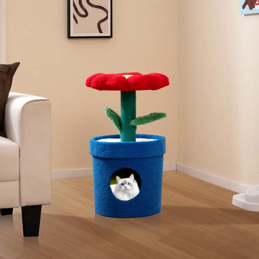 Cute Cat Tree with Flower Padded Perch for Indoor Cats-Red - Red - Cat Trees Condos & Scratchers
