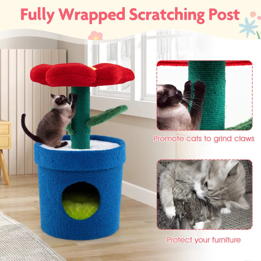 Cute Cat Tree with Flower Padded Perch for Indoor Cats-Red - Red - Cat Trees Condos & Scratchers