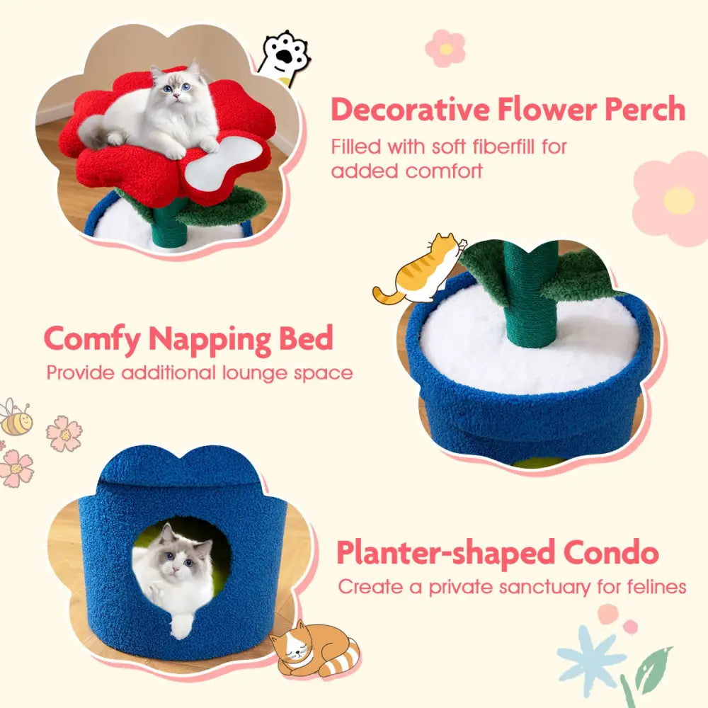 Cute Cat Tree with Flower Padded Perch for Indoor Cats-Red - Red - Cat Trees Condos & Scratchers