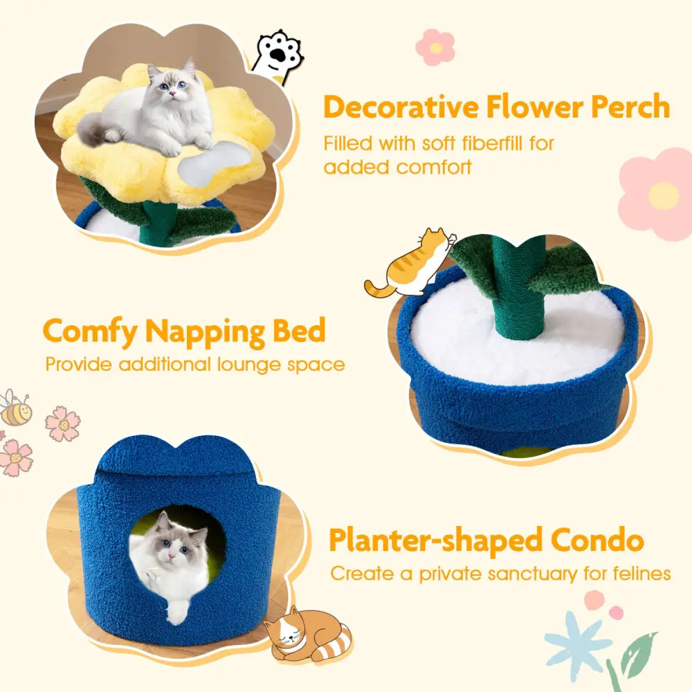 Cute Cat Tree with Flower Padded Perch for Indoor Cats-Yellow - Yellow - Cat Trees Condos & Scratchers