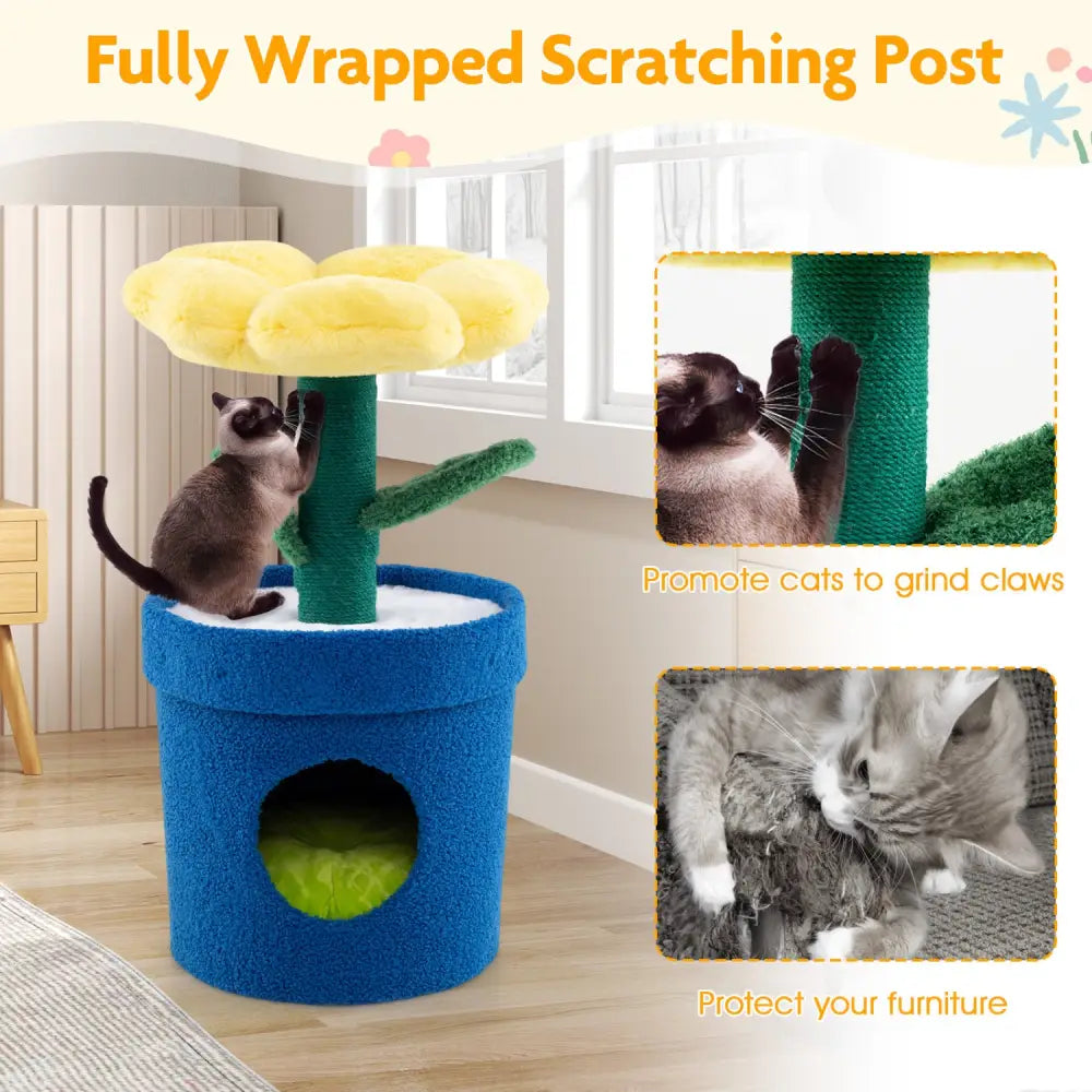 Cute Cat Tree with Flower Padded Perch for Indoor Cats-Yellow - Yellow - Cat Trees Condos & Scratchers