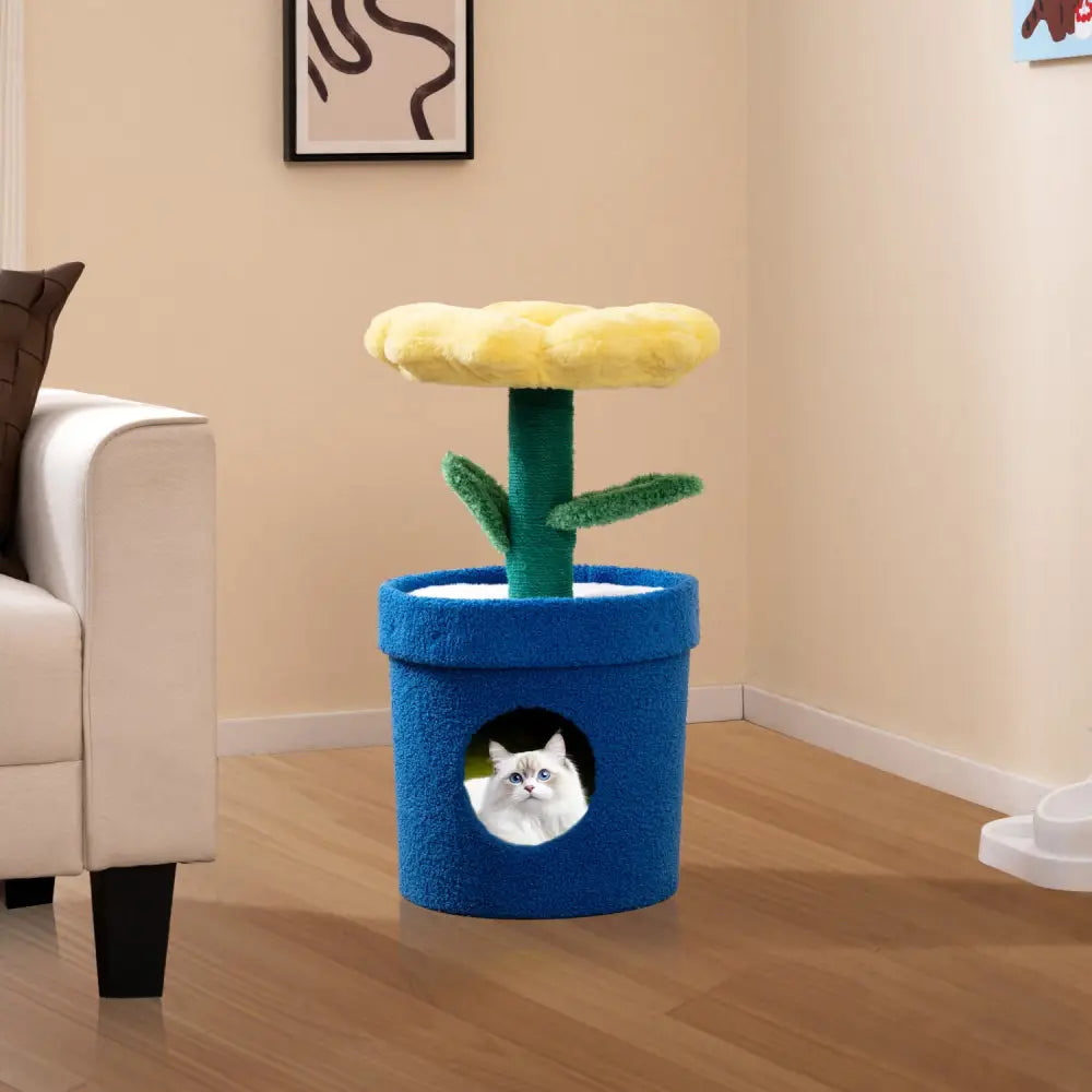 Cute Cat Tree with Flower Padded Perch for Indoor Cats-Yellow - Yellow - Cat Trees Condos & Scratchers