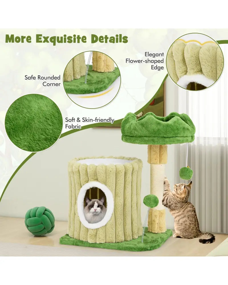 Cute Cat Tree with Sisal Scratching Posts and Dangling Ball - Green - Cat Trees Condos & Scratchers