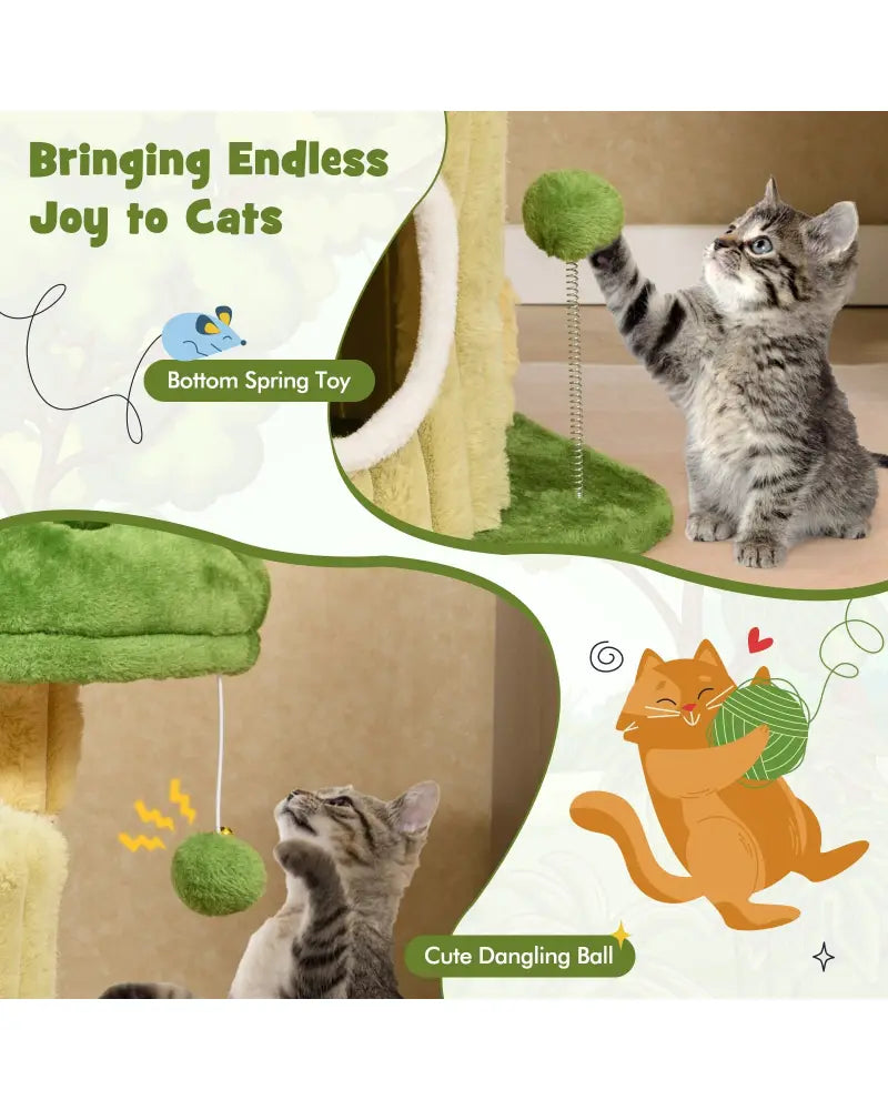 Cute Cat Tree with Sisal Scratching Posts and Dangling Ball - Green - Cat Trees Condos & Scratchers