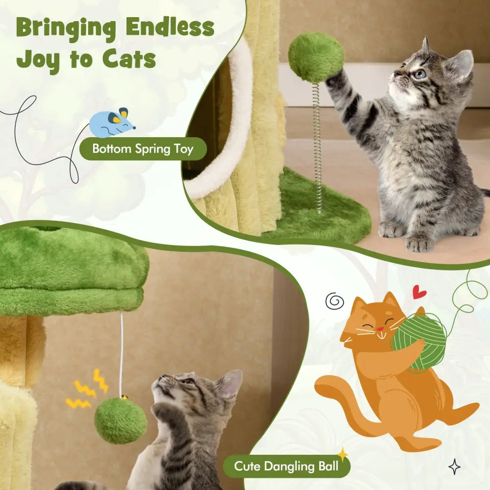 Cute Cat Tree with Sisal Scratching Posts and Dangling Ball - Green - Cat Trees Condos & Scratchers