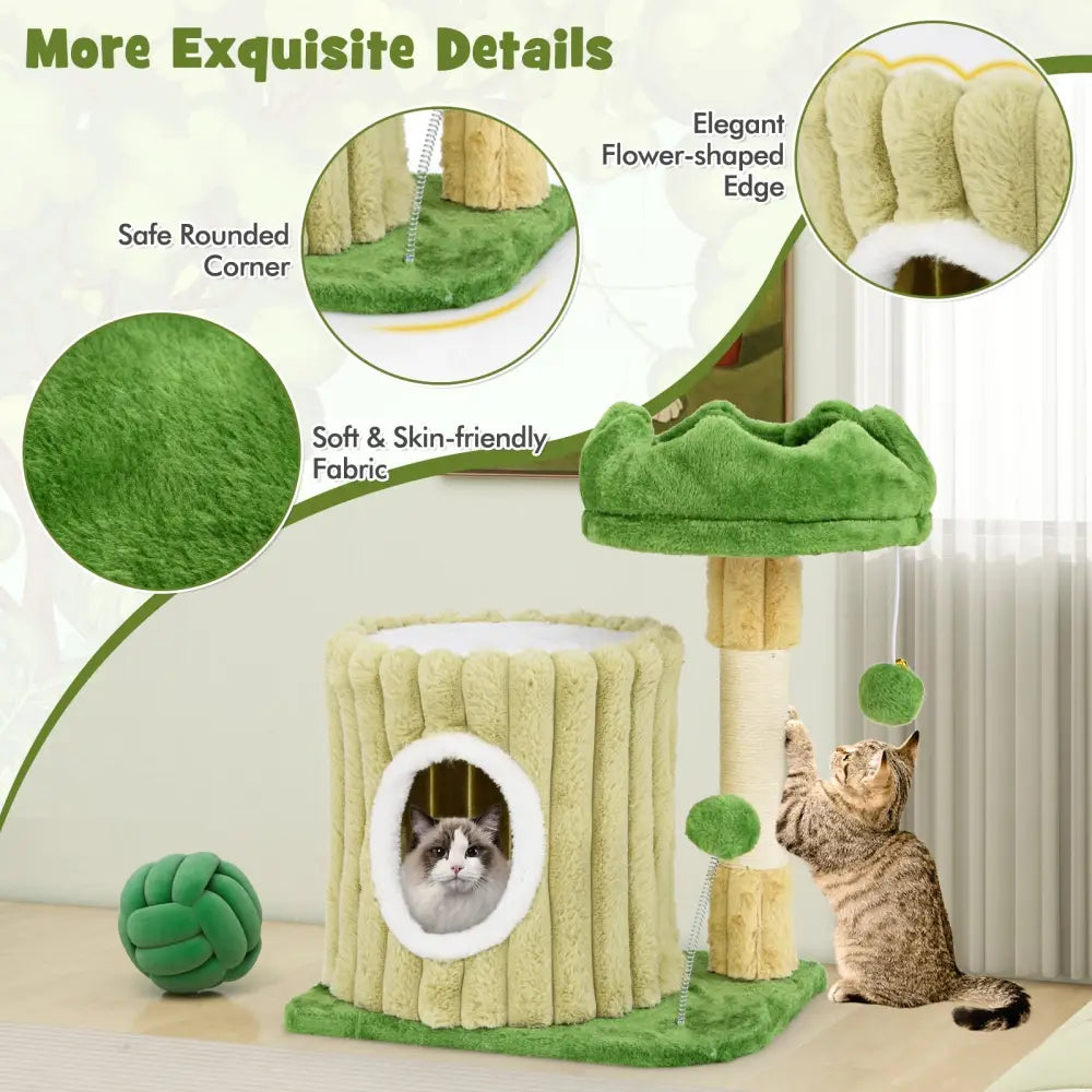 Cute Cat Tree with Sisal Scratching Posts and Dangling Ball - Green - Cat Trees Condos & Scratchers