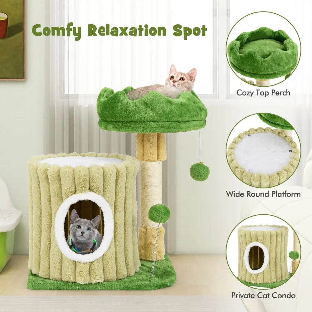 Cute Cat Tree with Sisal Scratching Posts and Dangling Ball - Green - Cat Trees Condos & Scratchers