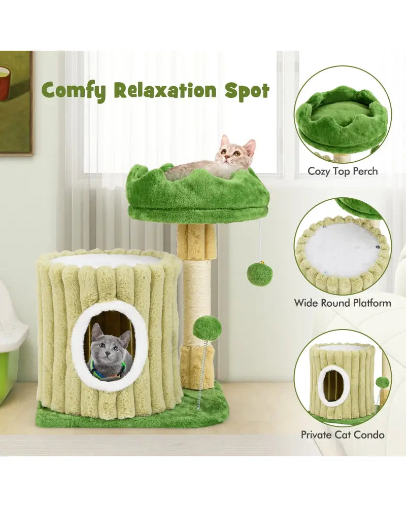 Cute Cat Tree with Sisal Scratching Posts and Dangling Ball - Green - Cat Trees Condos & Scratchers