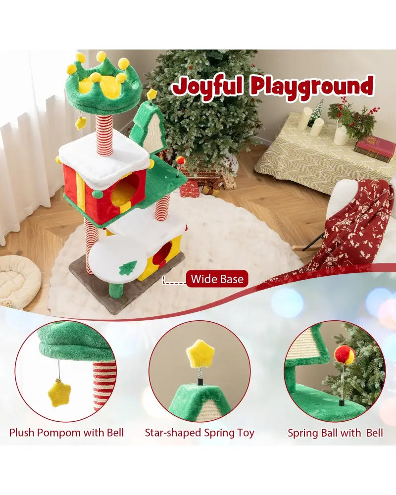 Cute Christmas Cat Tree Cat Tower for Indoor Cats with Scratching Posts and Carpet-Multicolor - Multicolor - Cat Trees