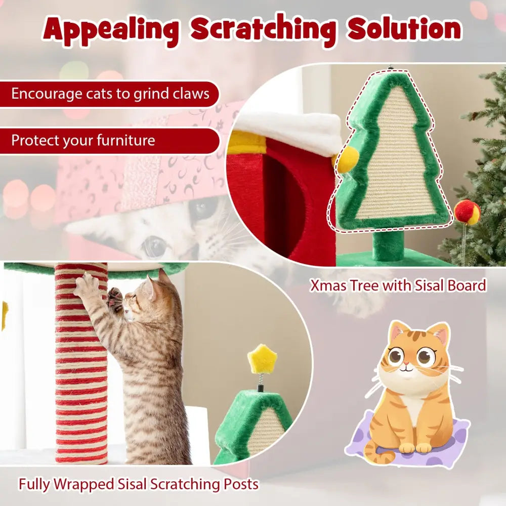 Cute Christmas Cat Tree Cat Tower for Indoor Cats with Scratching Posts and Carpet-Multicolor - Multicolor - Cat Trees