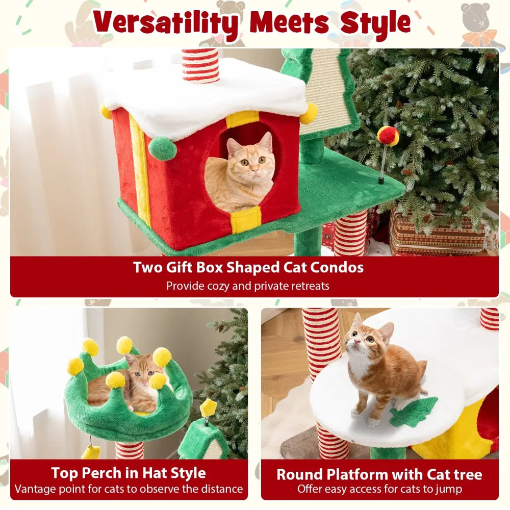 Cute Christmas Cat Tree Cat Tower for Indoor Cats with Scratching Posts and Carpet-Multicolor - Multicolor - Cat Trees