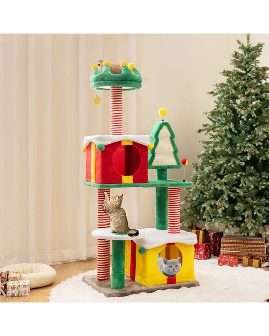 Cute Christmas Cat Tree Cat Tower for Indoor Cats with Scratching Posts and Carpet-Multicolor - Multicolor - Cat Trees