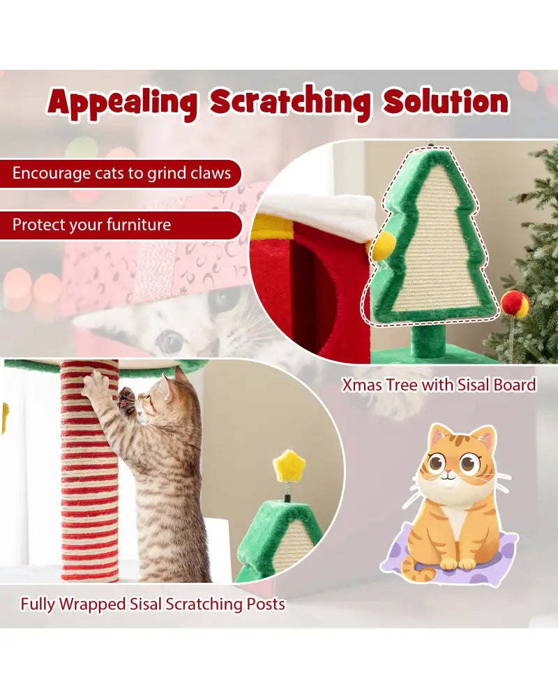 Cute Christmas Cat Tree Cat Tower for Indoor Cats with Scratching Posts and Carpet-Multicolor - Multicolor - Cat Trees
