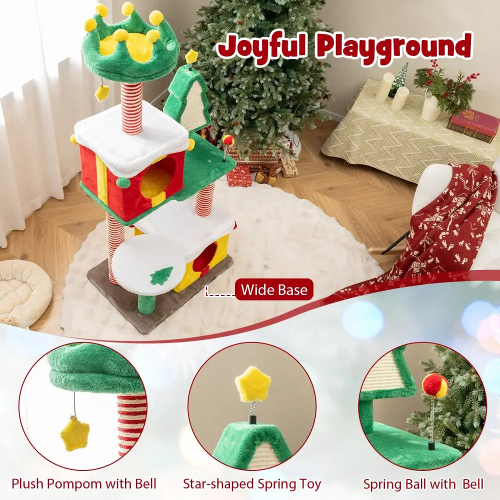 Cute Christmas Cat Tree Cat Tower for Indoor Cats with Scratching Posts and Carpet-Multicolor - Multicolor - Cat Trees