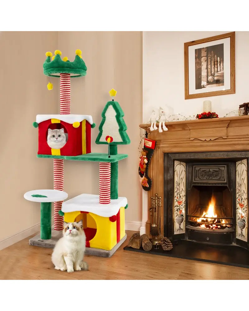 Cute Christmas Cat Tree Cat Tower for Indoor Cats with Scratching Posts and Carpet-Multicolor - Multicolor - Cat Trees