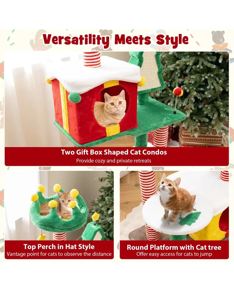 Cute Christmas Cat Tree Cat Tower for Indoor Cats with Scratching Posts and Carpet-Multicolor - Multicolor - Cat Trees