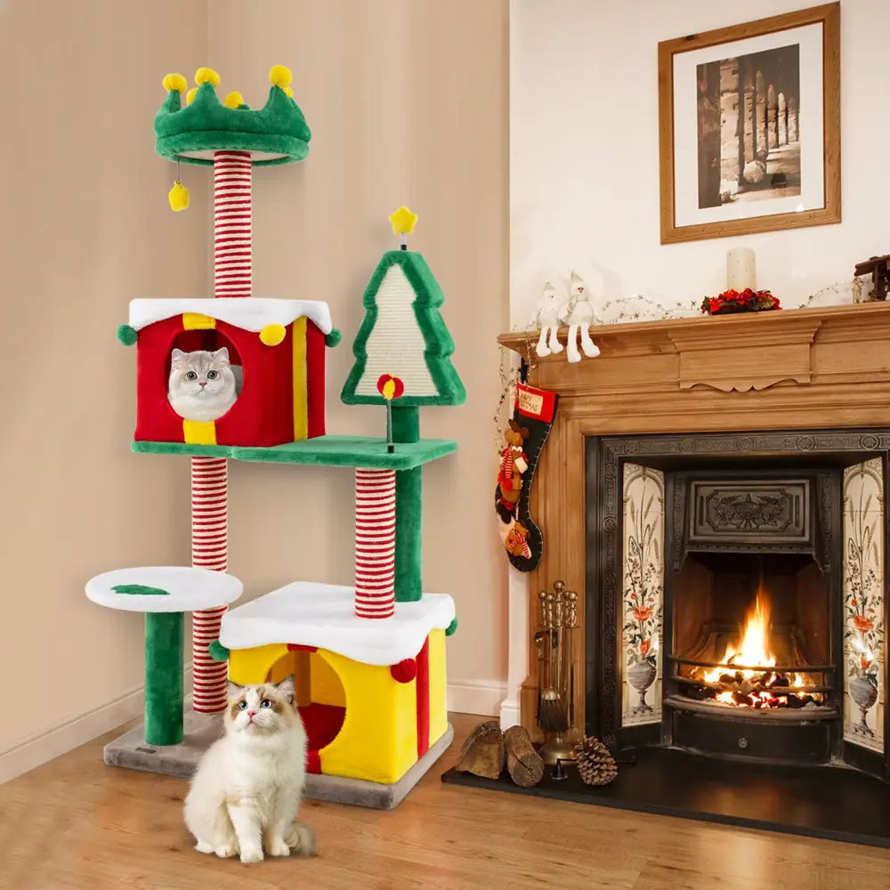 Cute Christmas Cat Tree Cat Tower for Indoor Cats with Scratching Posts and Carpet-Multicolor - Multicolor - Cat Trees