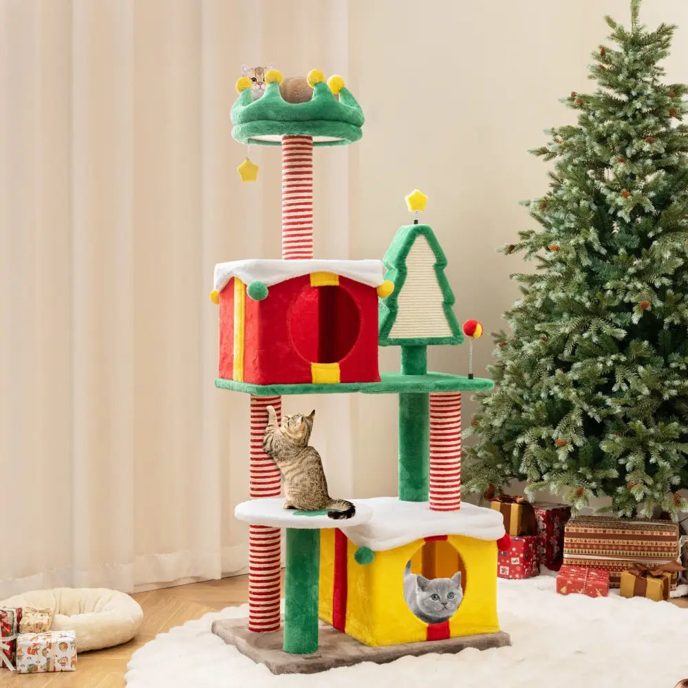 Cute Christmas Cat Tree Cat Tower for Indoor Cats with Scratching Posts and Carpet-Multicolor - Multicolor - Cat Trees