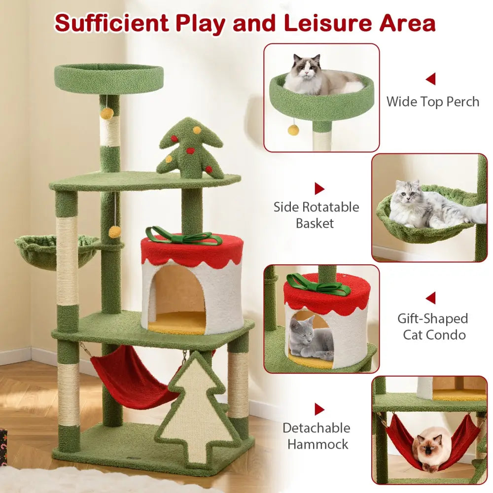 Cute Christmas Cat Tree with Sisal Scratching Posts and Gift Box Shaped Condo-Green - Green - Cat Trees Condos &