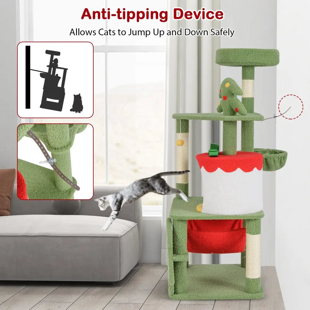 Cute Christmas Cat Tree with Sisal Scratching Posts and Gift Box Shaped Condo-Green - Green - Cat Trees Condos &