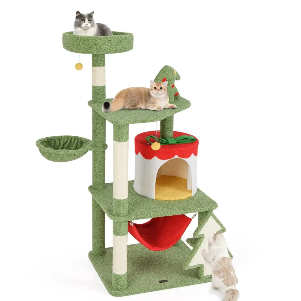 Cute Christmas Cat Tree with Sisal Scratching Posts and Gift Box Shaped Condo-Green - Green - Cat Trees Condos &