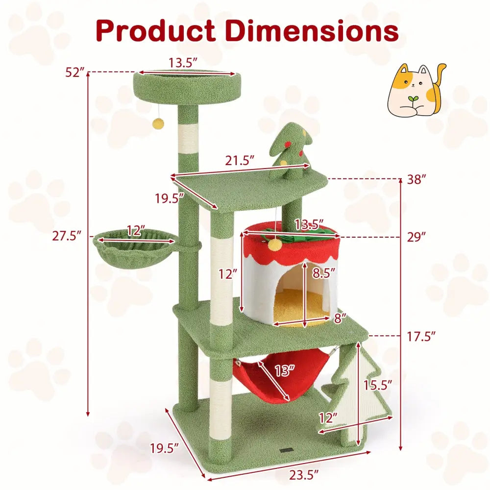 Cute Christmas Cat Tree with Sisal Scratching Posts and Gift Box Shaped Condo-Green - Green - Cat Trees Condos &