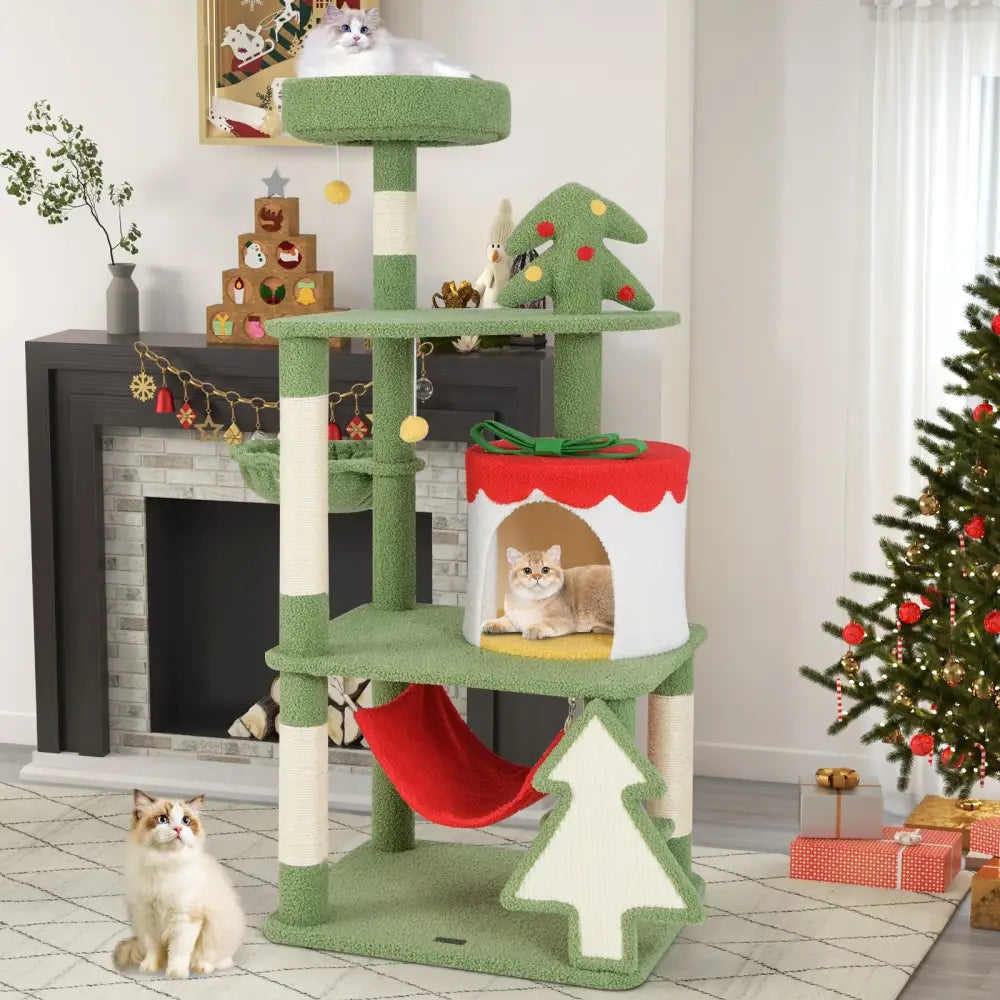 Cute Christmas Cat Tree with Sisal Scratching Posts and Gift Box Shaped Condo-Green - Green - Cat Trees Condos &