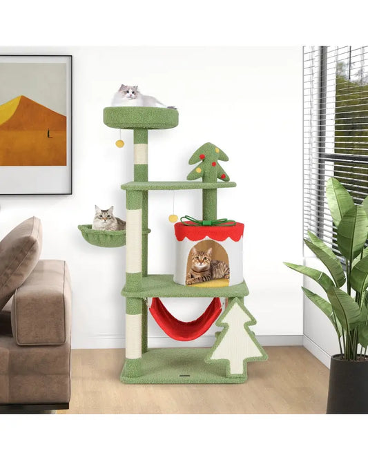 Cute Christmas Cat Tree with Sisal Scratching Posts and Gift Box Shaped Condo-Green - Green - Cat Trees Condos &