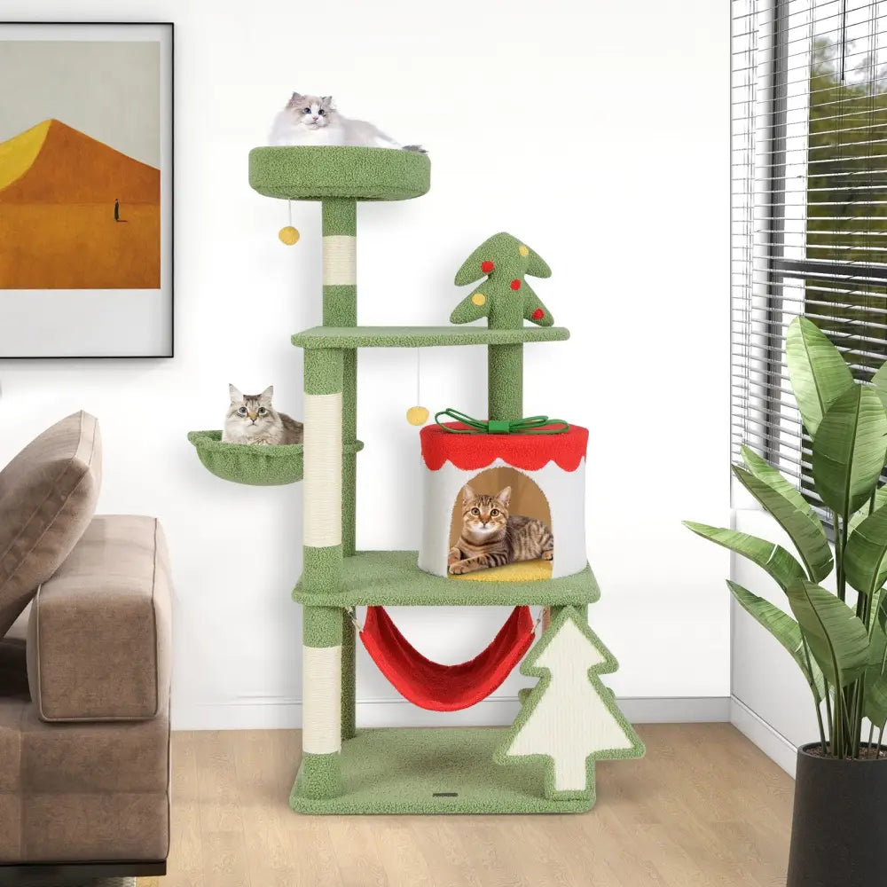 Cute Christmas Cat Tree with Sisal Scratching Posts and Gift Box Shaped Condo-Green - Green - Cat Trees Condos &