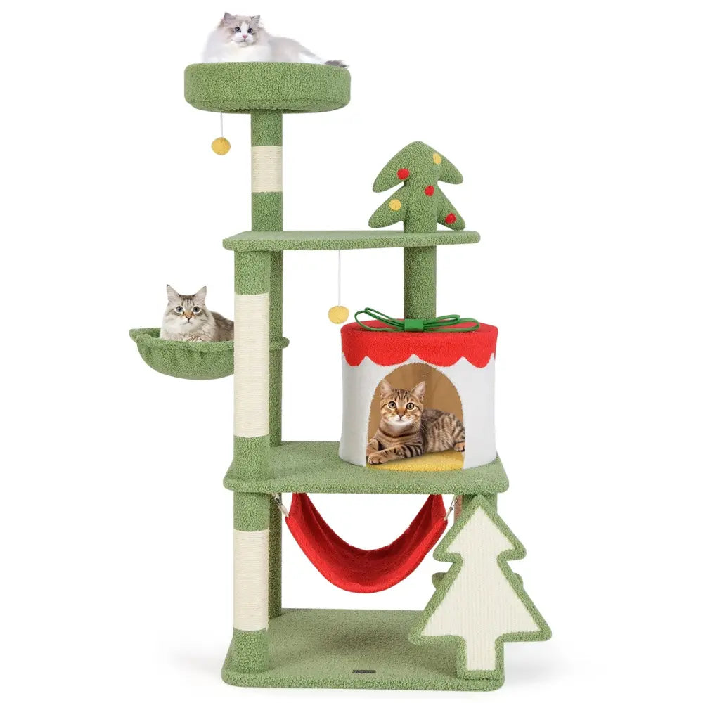 Cute Christmas Cat Tree with Sisal Scratching Posts and Gift Box Shaped Condo-Green - Green - Cat Trees Condos &