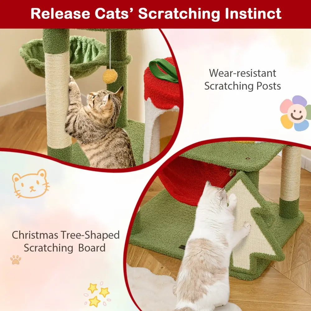 Cute Christmas Cat Tree with Sisal Scratching Posts and Gift Box Shaped Condo-Green - Green - Cat Trees Condos &