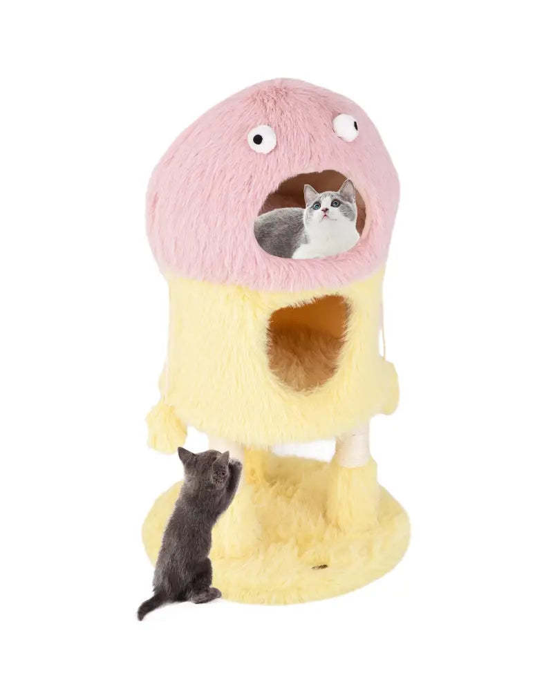 Cute Monster-Themed Cat Tower with 2 Private Condos and 3-Level Activity Center-Yellow - Yellow - Cat Trees Condos &