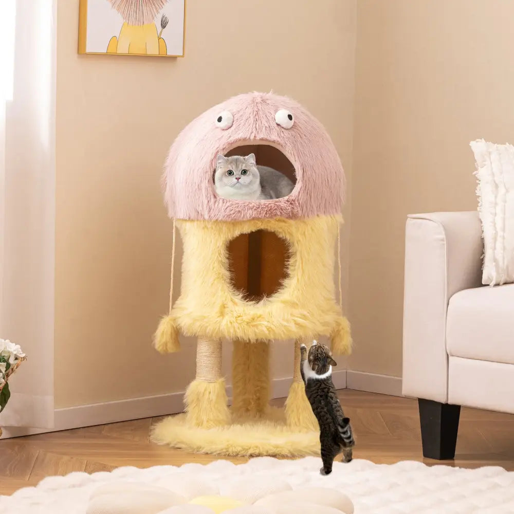 Cute Monster-Themed Cat Tower with 2 Private Condos and 3-Level Activity Center-Yellow - Yellow - Cat Trees Condos &