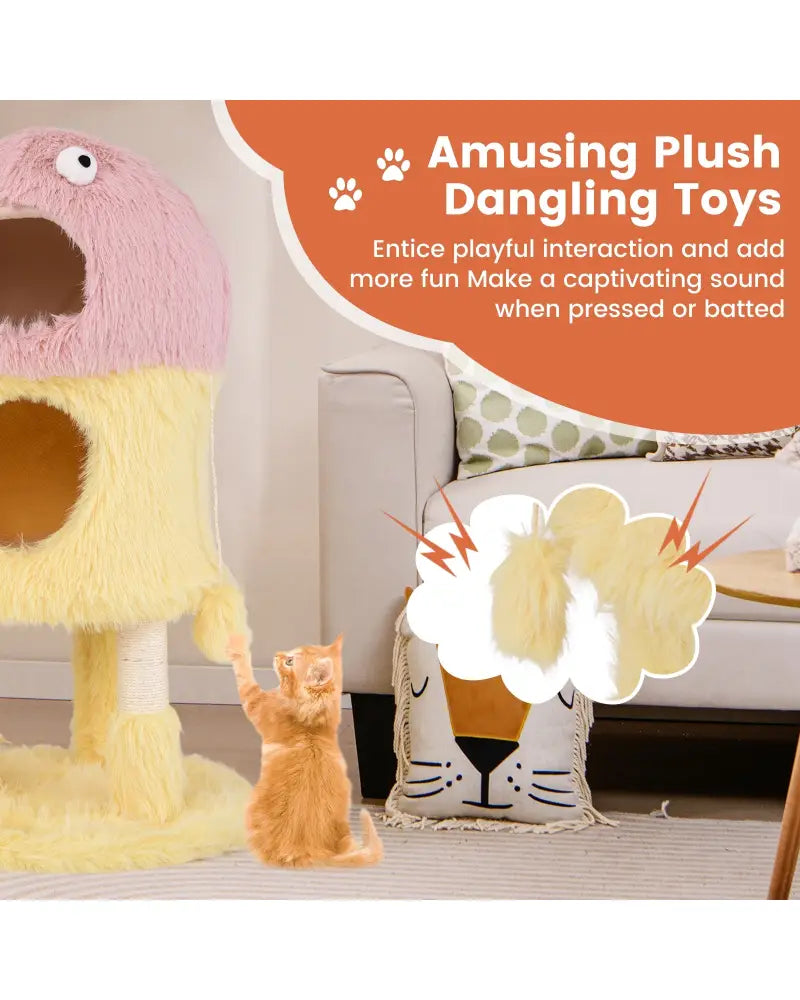 Cute Monster-Themed Cat Tower with 2 Private Condos and 3-Level Activity Center-Yellow - Yellow - Cat Trees Condos &