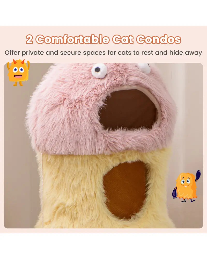 Cute Monster-Themed Cat Tower with 2 Private Condos and 3-Level Activity Center-Yellow - Yellow - Cat Trees Condos &