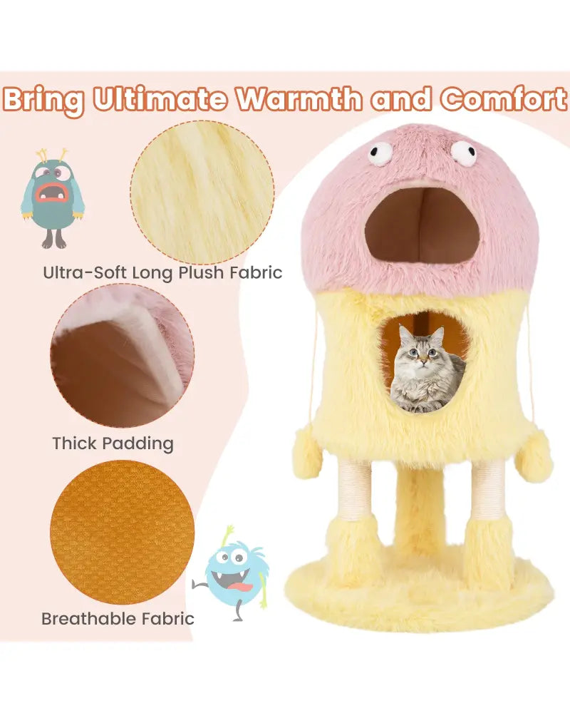 Cute Monster-Themed Cat Tower with 2 Private Condos and 3-Level Activity Center-Yellow - Yellow - Cat Trees Condos &