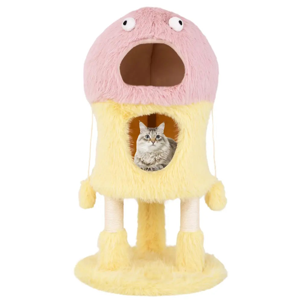 Cute Monster-Themed Cat Tower with 2 Private Condos and 3-Level Activity Center-Yellow - Yellow - Cat Trees Condos &