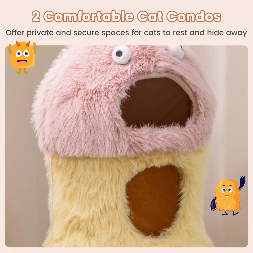 Cute Monster-Themed Cat Tower with 2 Private Condos and 3-Level Activity Center-Yellow - Yellow - Cat Trees Condos &