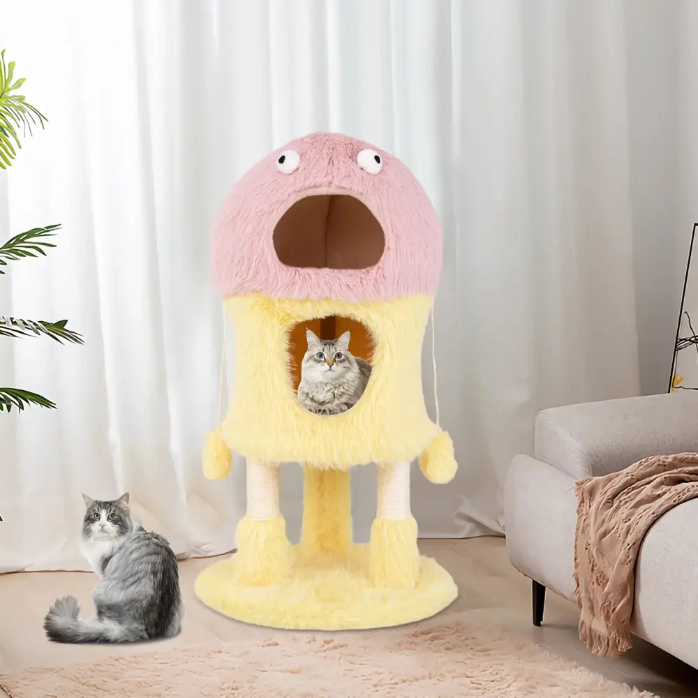 Cute Monster-Themed Cat Tower with 2 Private Condos and 3-Level Activity Center-Yellow - Yellow - Cat Trees Condos &