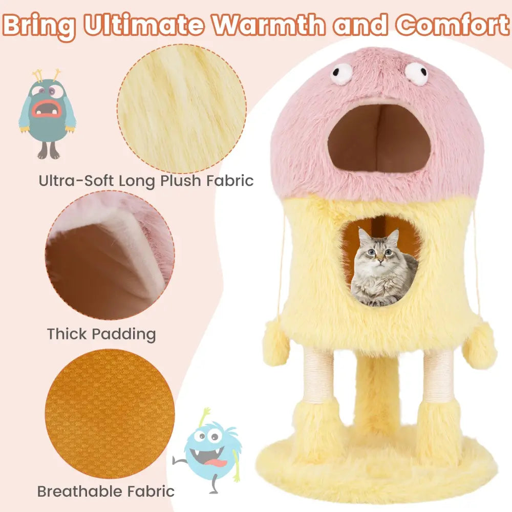 Cute Monster-Themed Cat Tower with 2 Private Condos and 3-Level Activity Center-Yellow - Yellow - Cat Trees Condos &