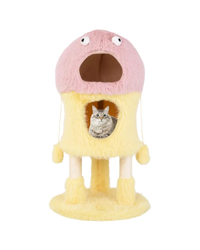 Cute Monster-Themed Cat Tower with 2 Private Condos and 3-Level Activity Center-Yellow - Yellow - Cat Trees Condos &