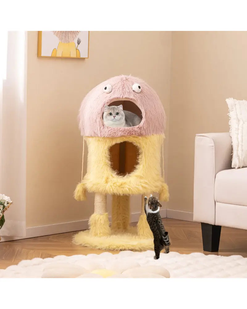 Cute Monster-Themed Cat Tower with 2 Private Condos and 3-Level Activity Center-Yellow - Yellow - Cat Trees Condos &