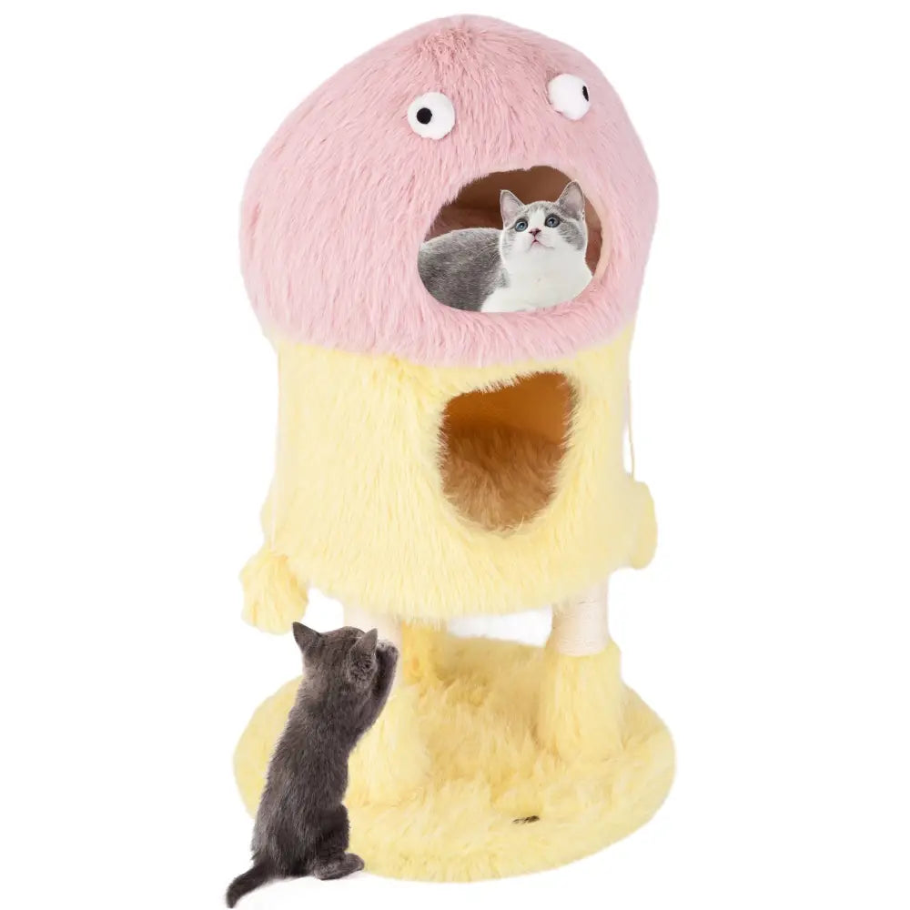 Cute Monster-Themed Cat Tower with 2 Private Condos and 3-Level Activity Center-Yellow - Yellow - Cat Trees Condos &