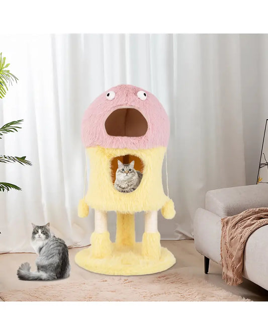 Cute Monster-Themed Cat Tower with 2 Private Condos and 3-Level Activity Center-Yellow - Yellow - Cat Trees Condos &