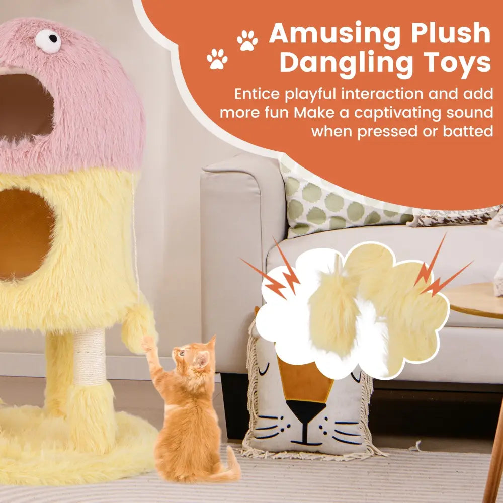 Cute Monster-Themed Cat Tower with 2 Private Condos and 3-Level Activity Center-Yellow - Yellow - Cat Trees Condos &