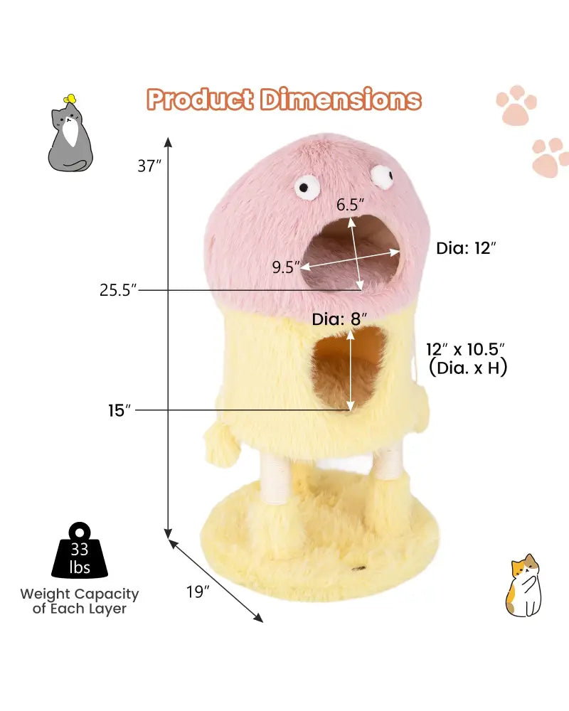 Cute Monster-Themed Cat Tower with 2 Private Condos and 3-Level Activity Center-Yellow - Yellow - Cat Trees Condos &