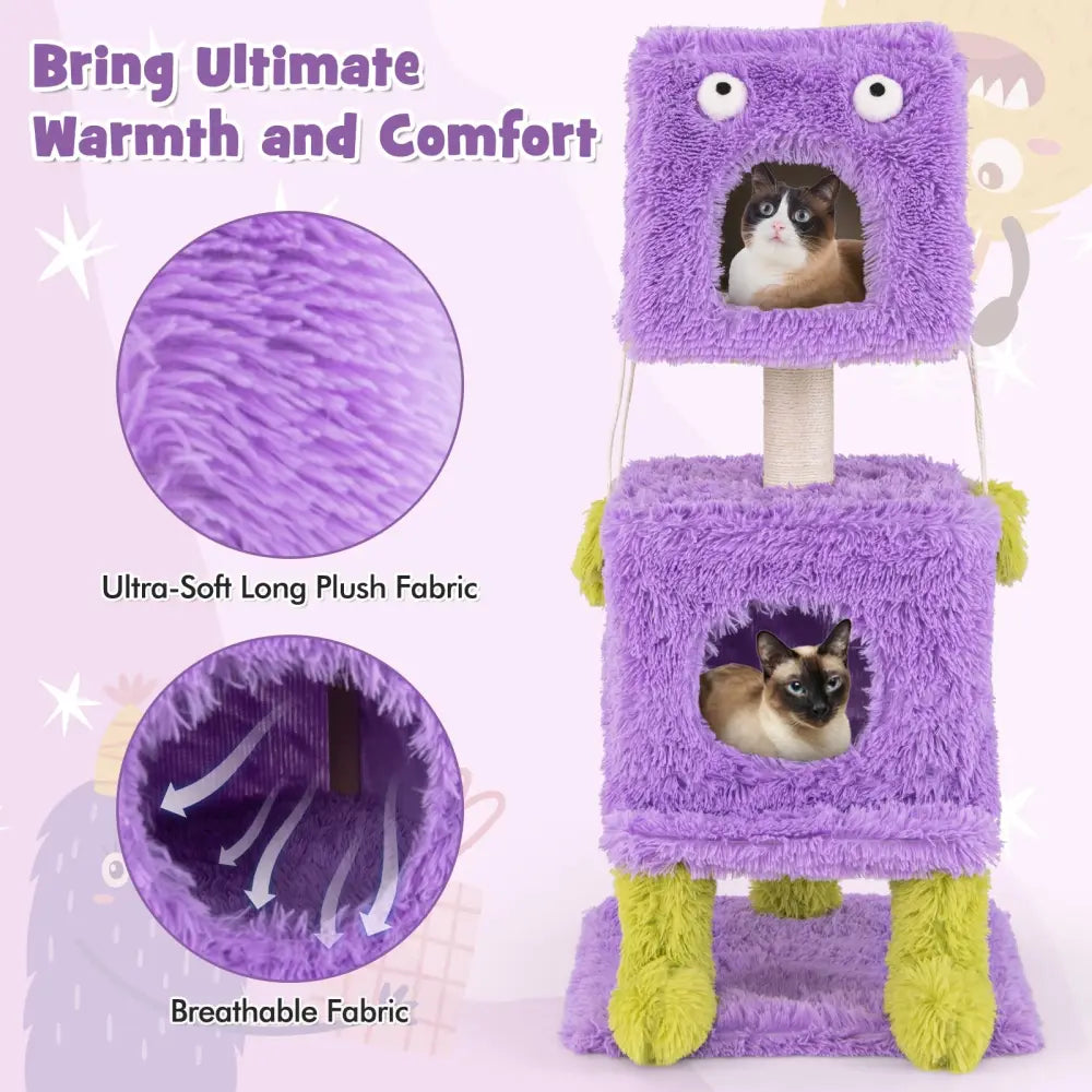 Cute Monster-Themed Cat Tower with 2 Private Condos for Small Place-Purple - Purple - Cat Trees Condos & Scratchers