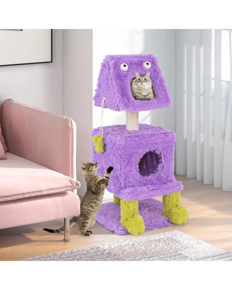 Cute Monster-Themed Cat Tower with 2 Private Condos for Small Place-Purple - Purple - Cat Trees Condos & Scratchers