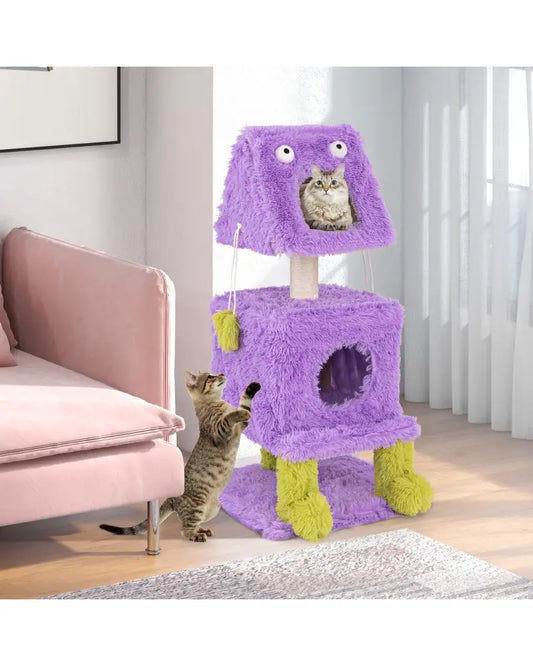 Cute Monster-Themed Cat Tower with 2 Private Condos for Small Place-Purple - Purple - Cat Trees Condos & Scratchers